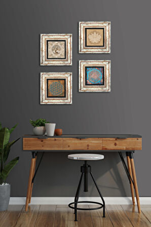 Yaşam Çiçeği, Lotus Çiçeği, Hayat Ağacı Taş Duvar Tablosu Çerçeveli Duvar Dekoru 4 Parça Tablo Seti Wall Art