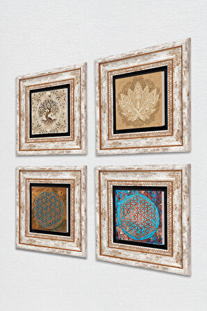 Yaşam Çiçeği, Lotus Çiçeği, Hayat Ağacı Taş Duvar Tablosu Çerçeveli Duvar Dekoru 4 Parça Tablo Seti Wall Art