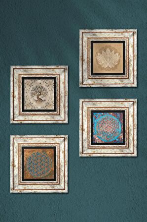 Yaşam Çiçeği, Lotus Çiçeği, Hayat Ağacı Taş Duvar Tablosu Çerçeveli Duvar Dekoru 4 Parça Tablo Seti Wall Art