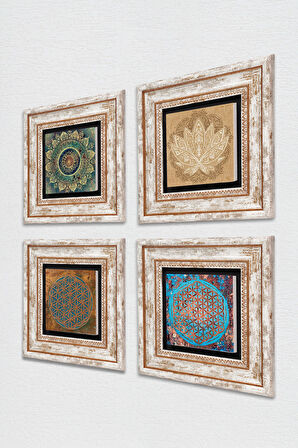 Mandala, Yaşam Çiçeği, Lotus Çiçeği Taş Duvar Tablosu Çerçeveli Duvar Dekoru 4 Parça Tablo Seti Wall Art
