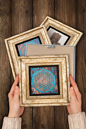 Mandala, Yaşam Çiçeği, Lotus Çiçeği Taş Duvar Tablosu Çerçeveli Duvar Dekoru 4 Parça Tablo Seti Wall Art