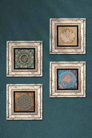 Mandala, Yaşam Çiçeği, Lotus Çiçeği Taş Duvar Tablosu Çerçeveli Duvar Dekoru 4 Parça Tablo Seti Wall Art