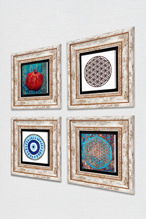 Nazar, Yaşam Çiçeği, Nar Taş Duvar Tablosu Çerçeveli Duvar Dekoru 4 Parça Tablo Seti Wall Art