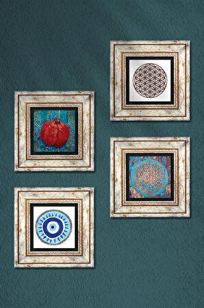 Nazar, Yaşam Çiçeği, Nar Taş Duvar Tablosu Çerçeveli Duvar Dekoru 4 Parça Tablo Seti Wall Art