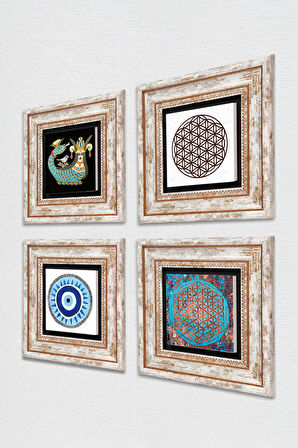 Nazar, Yaşam Çiçeği, Şahmeran Taş Duvar Tablosu Çerçeveli Duvar Dekoru 4 Parça Tablo Seti Wall Art