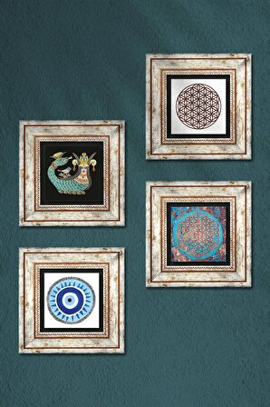 Nazar, Yaşam Çiçeği, Şahmeran Taş Duvar Tablosu Çerçeveli Duvar Dekoru 4 Parça Tablo Seti Wall Art