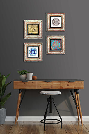 Nazar, Yaşam Çiçeği, Gustav Klimt Hayat Ağacı Taş Duvar Tablosu Çerçeveli Duvar Dekoru 4 Parça Tablo Seti Wall Art