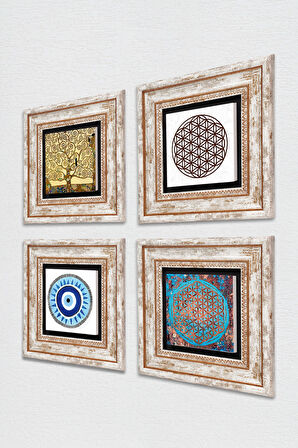 Nazar, Yaşam Çiçeği, Gustav Klimt Hayat Ağacı Taş Duvar Tablosu Çerçeveli Duvar Dekoru 4 Parça Tablo Seti Wall Art