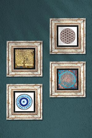 Nazar, Yaşam Çiçeği, Gustav Klimt Hayat Ağacı Taş Duvar Tablosu Çerçeveli Duvar Dekoru 4 Parça Tablo Seti Wall Art