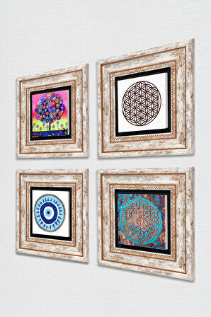 Nazar, Yaşam Çiçeği, Hayat Ağacı Taş Duvar Tablosu Çerçeveli Duvar Dekoru 4 Parça Tablo Seti Wall Art