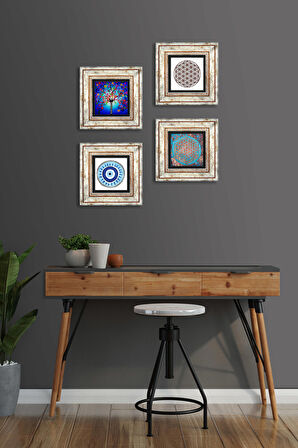 Nazar, Yaşam Çiçeği, Hayat Ağacı Taş Duvar Tablosu Çerçeveli Duvar Dekoru 4 Parça Tablo Seti Wall Art