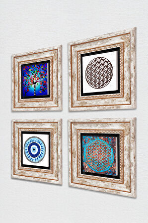 Nazar, Yaşam Çiçeği, Hayat Ağacı Taş Duvar Tablosu Çerçeveli Duvar Dekoru 4 Parça Tablo Seti Wall Art