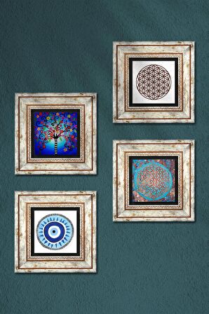 Nazar, Yaşam Çiçeği, Hayat Ağacı Taş Duvar Tablosu Çerçeveli Duvar Dekoru 4 Parça Tablo Seti Wall Art