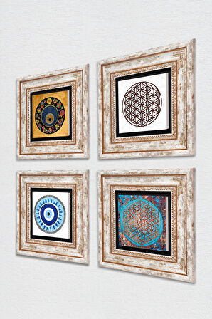 Yaşam Çiçeği, Nazar Taş Duvar Tablosu Çerçeveli Duvar Dekoru 4 Parça Tablo Seti Wall Art