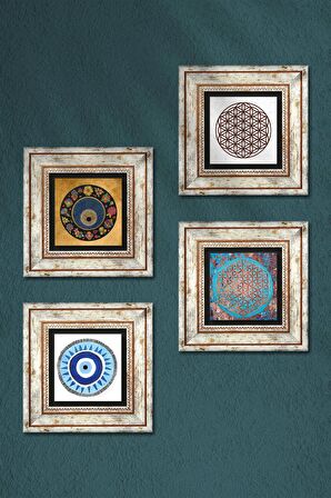 Yaşam Çiçeği, Nazar Taş Duvar Tablosu Çerçeveli Duvar Dekoru 4 Parça Tablo Seti Wall Art