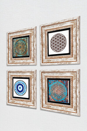 Nazar, Yaşam Çiçeği Taş Duvar Tablosu Çerçeveli Duvar Dekoru 4 Parça Tablo Seti Wall Art