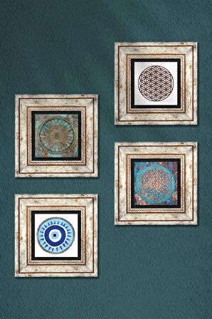 Nazar, Yaşam Çiçeği Taş Duvar Tablosu Çerçeveli Duvar Dekoru 4 Parça Tablo Seti Wall Art