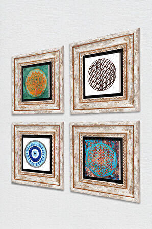 Nazar, Lotus Çiçeği, Yaşam Çiçeği Taş Duvar Tablosu Çerçeveli Duvar Dekoru 4 Parça Tablo Seti Wall Art