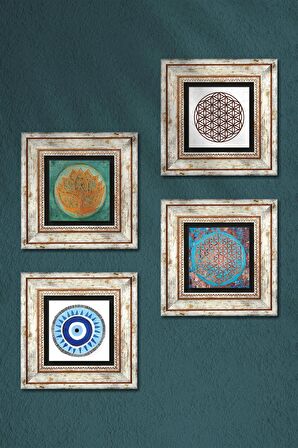 Nazar, Lotus Çiçeği, Yaşam Çiçeği Taş Duvar Tablosu Çerçeveli Duvar Dekoru 4 Parça Tablo Seti Wall Art