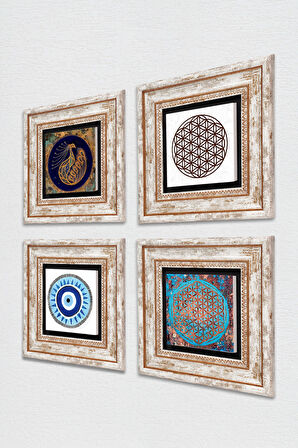 Nazar, Tavus Kuşu, Yaşam Çiçeği Taş Duvar Tablosu Çerçeveli Duvar Dekoru 4 Parça Tablo Seti Wall Art