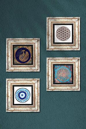 Nazar, Tavus Kuşu, Yaşam Çiçeği Taş Duvar Tablosu Çerçeveli Duvar Dekoru 4 Parça Tablo Seti Wall Art