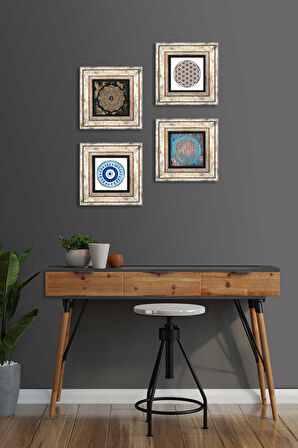 Nazar, Sri Yantra, Yaşam Çiçeği Taş Duvar Tablosu Çerçeveli Duvar Dekoru 4 Parça Tablo Seti Wall Art