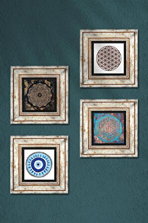 Nazar, Sri Yantra, Yaşam Çiçeği Taş Duvar Tablosu Çerçeveli Duvar Dekoru 4 Parça Tablo Seti Wall Art