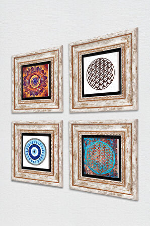 Nazar, Mandala, Yaşam Çiçeği Taş Duvar Tablosu Çerçeveli Duvar Dekoru 4 Parça Tablo Seti Wall Art