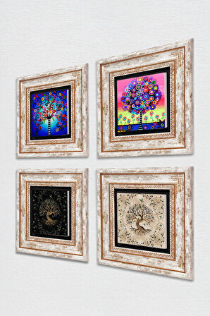 Hayat Ağacı Taş Duvar Tablosu Çerçeveli Duvar Dekoru 4 Parça Tablo Seti Wall Art