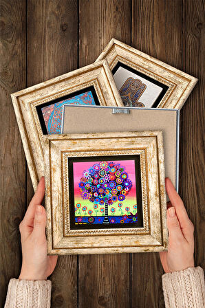 Hayat Ağacı Taş Duvar Tablosu Çerçeveli Duvar Dekoru 4 Parça Tablo Seti Wall Art