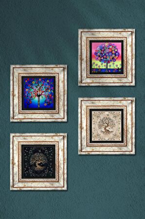 Hayat Ağacı Taş Duvar Tablosu Çerçeveli Duvar Dekoru 4 Parça Tablo Seti Wall Art