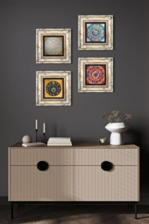 Mandala, Sri Yantra, Nazar Taş Duvar Tablosu Çerçeveli Duvar Dekoru 4 Parça Tablo Seti Wall Art