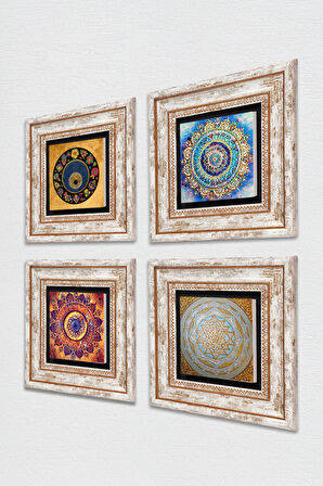 Mandala, Sri Yantra, Nazar Taş Duvar Tablosu Çerçeveli Duvar Dekoru 4 Parça Tablo Seti Wall Art