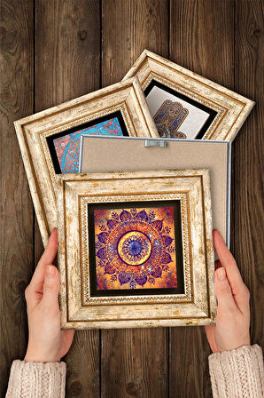 Mandala, Sri Yantra, Nazar Taş Duvar Tablosu Çerçeveli Duvar Dekoru 4 Parça Tablo Seti Wall Art