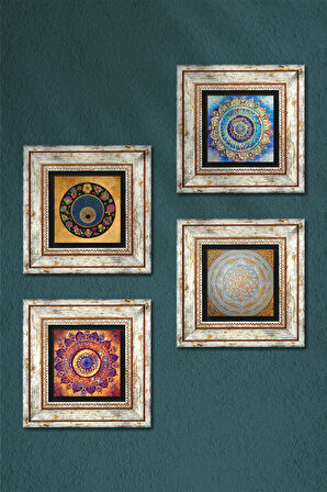 Mandala, Sri Yantra, Nazar Taş Duvar Tablosu Çerçeveli Duvar Dekoru 4 Parça Tablo Seti Wall Art