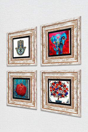 Fil, Nar Ağacı, Nar, Fatma Ana Eli (Hamsa) Taş Duvar Tablosu Çerçeveli Duvar Dekoru 4 Parça Tablo Seti Wall Art
