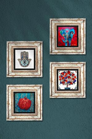 Fil, Nar Ağacı, Nar, Fatma Ana Eli (Hamsa) Taş Duvar Tablosu Çerçeveli Duvar Dekoru 4 Parça Tablo Seti Wall Art