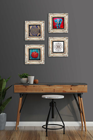 Fil, Sri Yantra, Yaşam Çiçeği, Nar Taş Duvar Tablosu Çerçeveli Duvar Dekoru 4 Parça Tablo Seti Wall Art