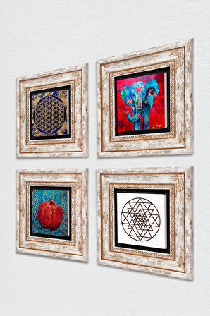 Fil, Sri Yantra, Yaşam Çiçeği, Nar Taş Duvar Tablosu Çerçeveli Duvar Dekoru 4 Parça Tablo Seti Wall Art