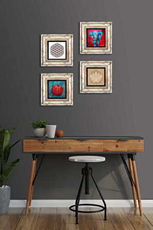 Fil, Lotus Çiçeği, Yaşam Çiçeği, Nar Taş Duvar Tablosu Çerçeveli Duvar Dekoru 4 Parça Tablo Seti Wall Art