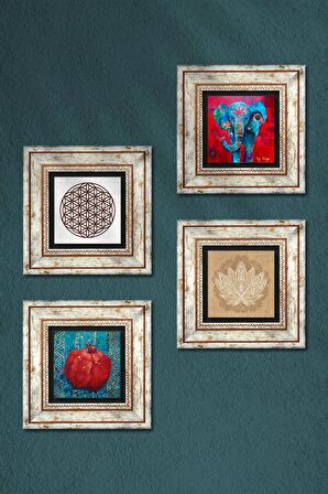 Fil, Lotus Çiçeği, Yaşam Çiçeği, Nar Taş Duvar Tablosu Çerçeveli Duvar Dekoru 4 Parça Tablo Seti Wall Art