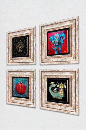 Fil, Hayat Ağacı, Şahmeran, Nar Taş Duvar Tablosu Çerçeveli Duvar Dekoru 4 Parça Tablo Seti Wall Art