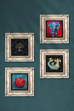 Fil, Hayat Ağacı, Şahmeran, Nar Taş Duvar Tablosu Çerçeveli Duvar Dekoru 4 Parça Tablo Seti Wall Art
