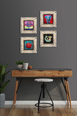 Fil, Hayat Ağacı, Şahmeran, Nar Taş Duvar Tablosu Çerçeveli Duvar Dekoru 4 Parça Tablo Seti Wall Art