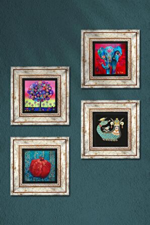 Fil, Hayat Ağacı, Şahmeran, Nar Taş Duvar Tablosu Çerçeveli Duvar Dekoru 4 Parça Tablo Seti Wall Art