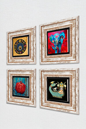 Fil, Nazar, Şahmeran, Nar Taş Duvar Tablosu Çerçeveli Duvar Dekoru 4 Parça Tablo Seti Wall Art