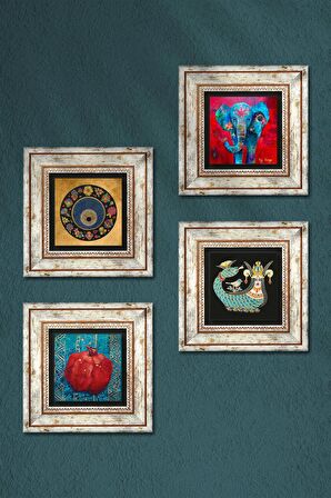 Fil, Nazar, Şahmeran, Nar Taş Duvar Tablosu Çerçeveli Duvar Dekoru 4 Parça Tablo Seti Wall Art