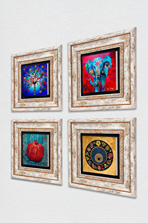 Fil, Nazar, Hayat Ağacı, Nar Taş Duvar Tablosu Çerçeveli Duvar Dekoru 4 Parça Tablo Seti Wall Art