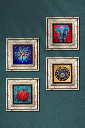 Fil, Nazar, Hayat Ağacı, Nar Taş Duvar Tablosu Çerçeveli Duvar Dekoru 4 Parça Tablo Seti Wall Art