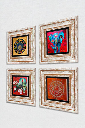 Fil, Kuş, Mandala, Nazar Taş Duvar Tablosu Çerçeveli Duvar Dekoru 4 Parça Tablo Seti Wall Art